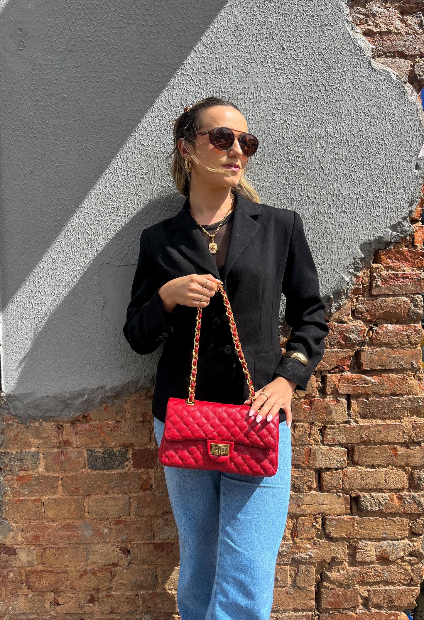 Red quilted Luxury genuine Brazilian leather hand/shoulder purse Victoria - Katie Leather