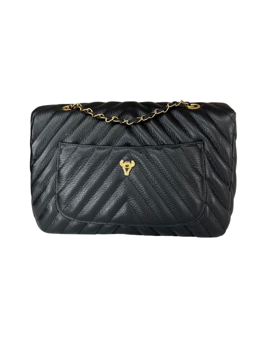Luxury genuine Brazilian leather hand/shoulder purse Isabel black and gold - Katie Leather