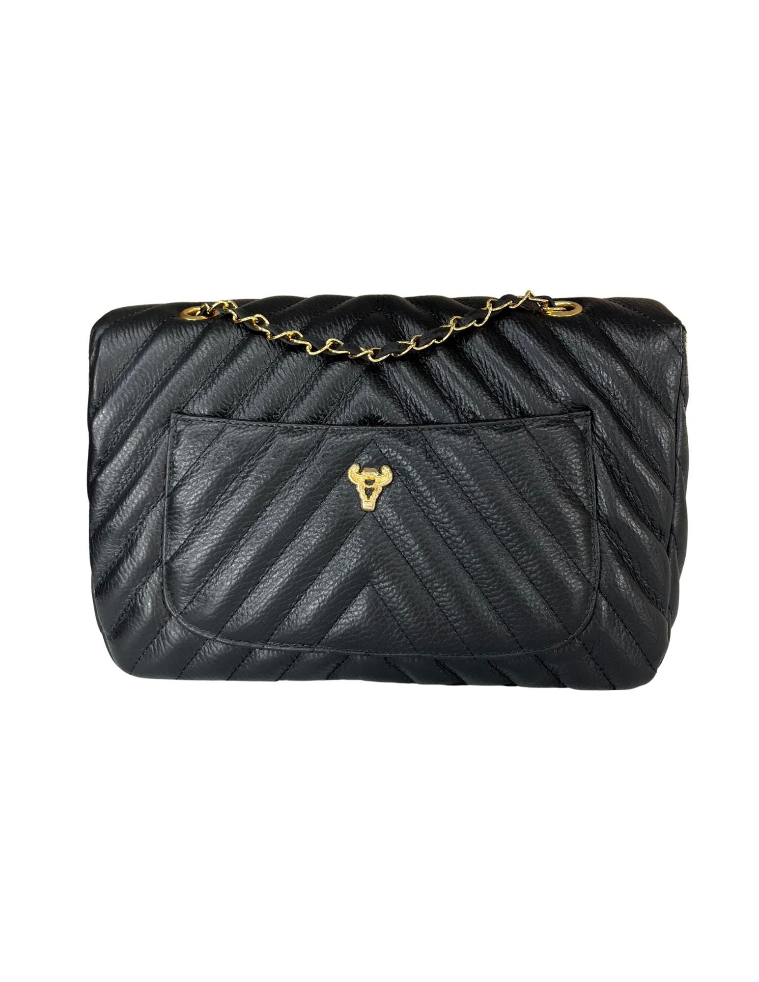 Luxury genuine Brazilian leather hand/shoulder purse Isabel black and gold - Katie Leather