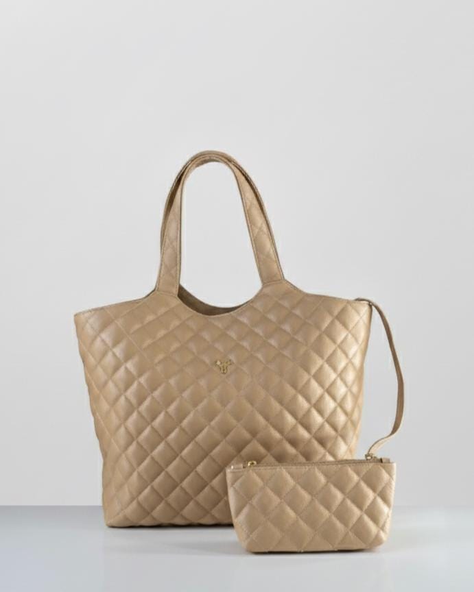 Renata Large Quilted Caramel Leather Tote with Removable Pouch