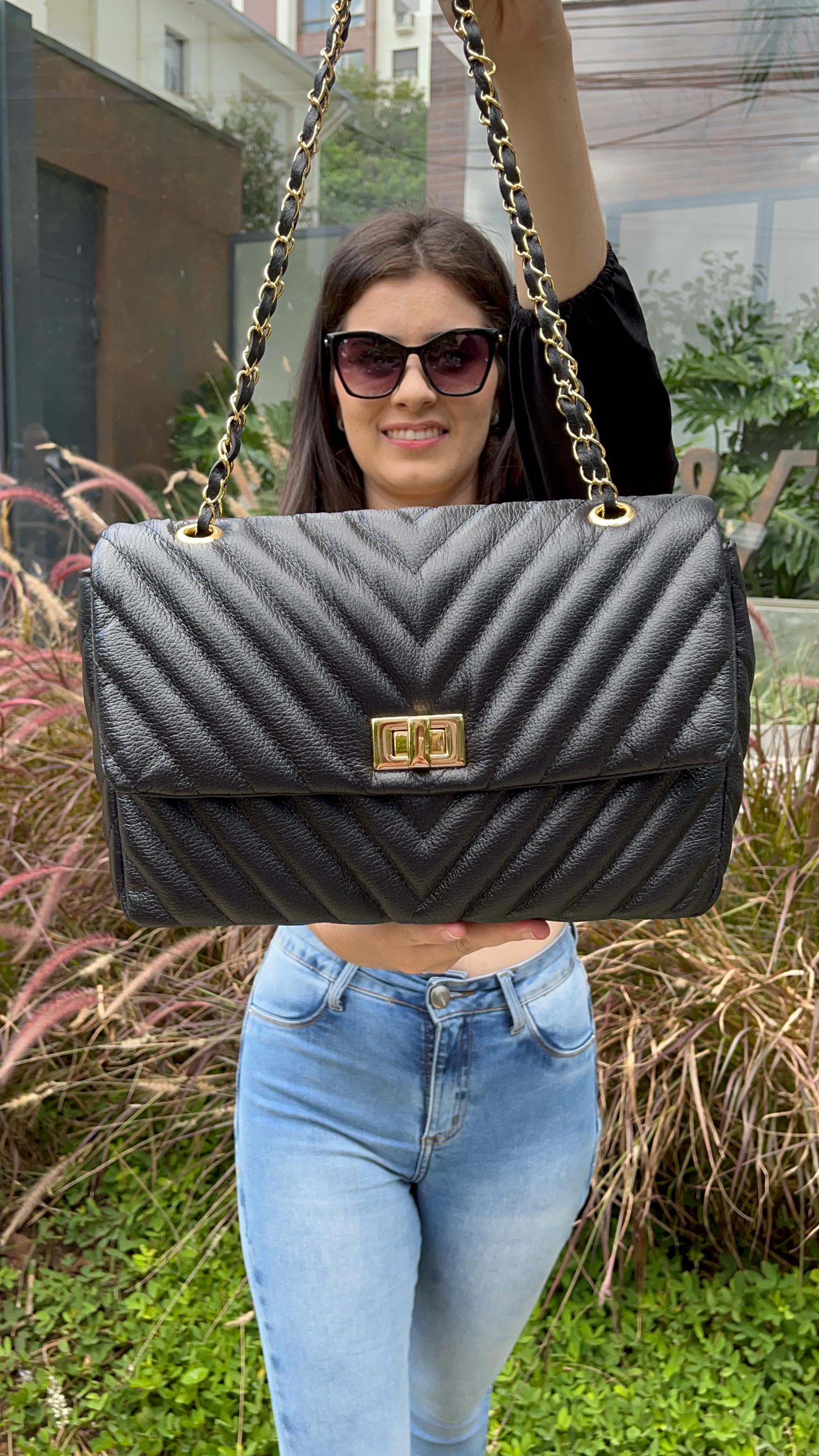 Luxury genuine Brazilian leather hand/shoulder purse Isabel black and gold - Katie Leather