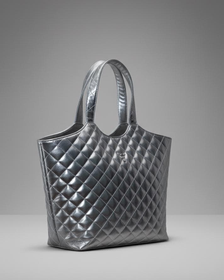 Renata Large Quilted Silver Leather Tote with Removable Pouch