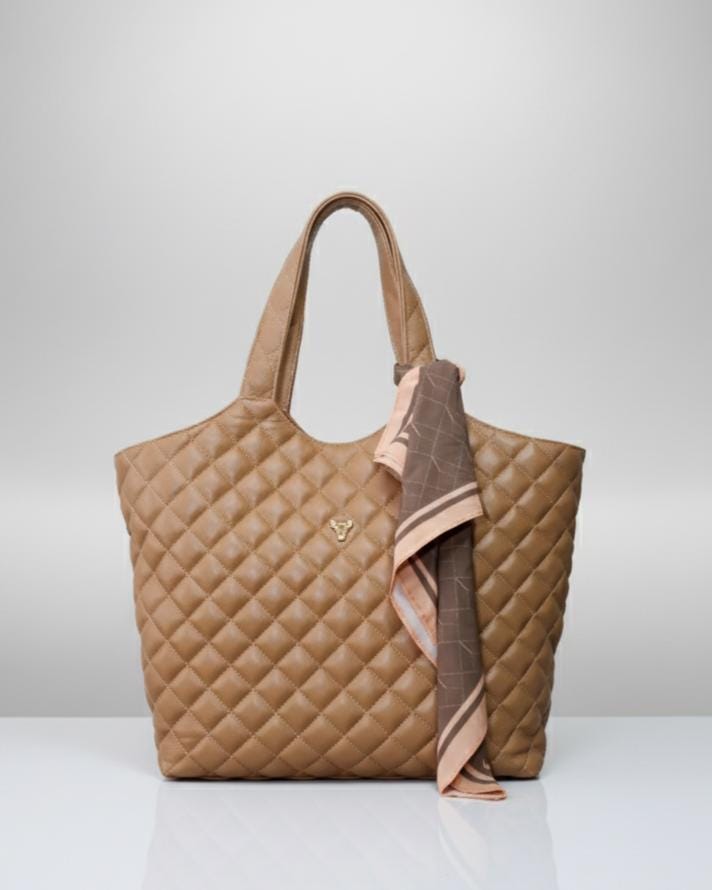 Renata Large Quilted Caramel Leather Tote with Removable Pouch