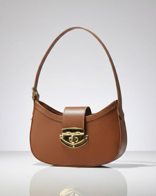Athena Caramel Baguette in Genuine Leather | Elegant Structured Shoulder Bag | Luxury Brazilian Leather Purse