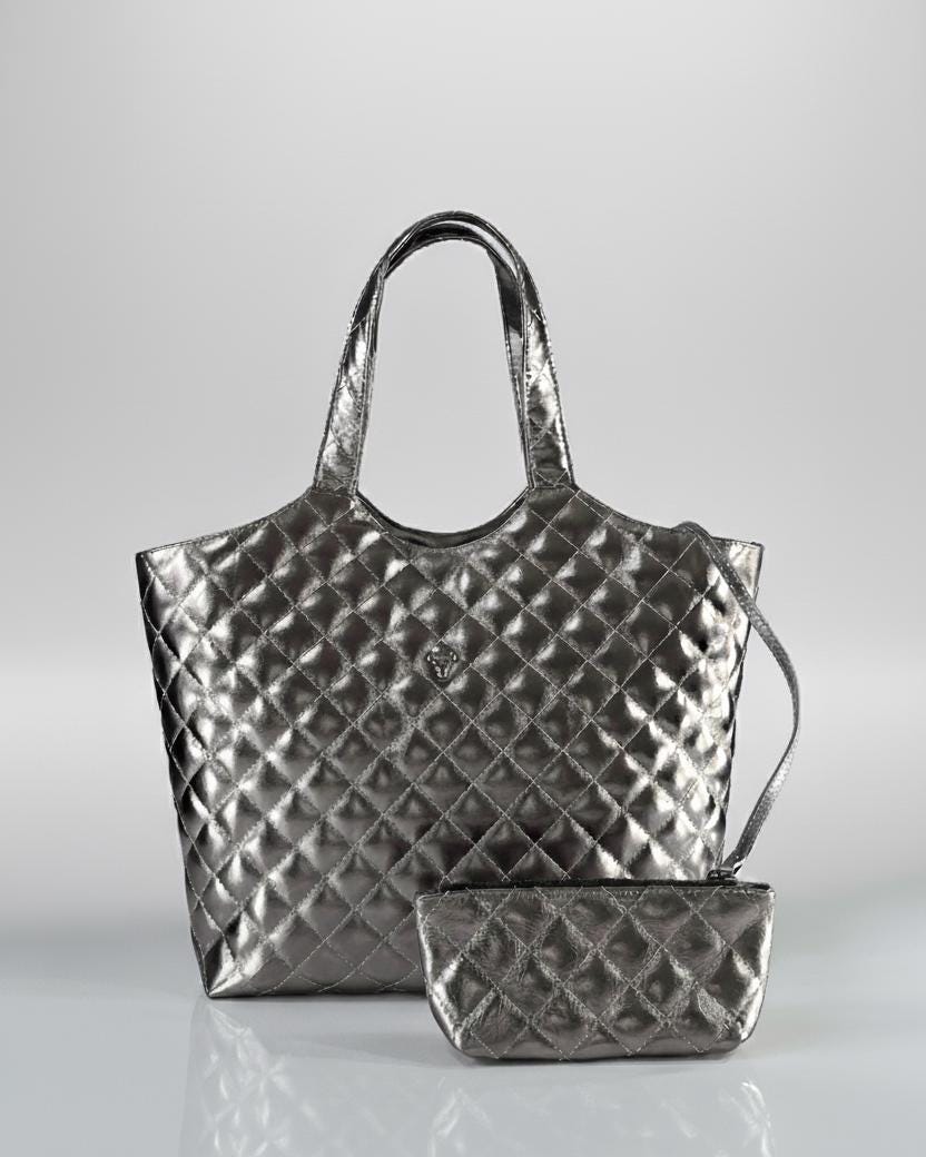 Renata Large Quilted Silver Leather Tote with Removable Pouch