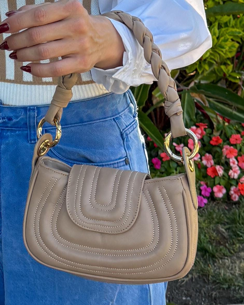 Neutral Nude Leather Handbag – Soft Genuine Leather Purse, Braided Handle, Everyday Crossbody Bag