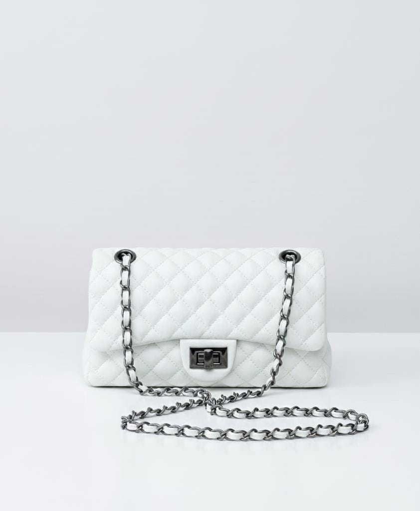 white Brazilian Genuine Leather Bag – Elegant Quilted Crossbody with Timeless Parisian Style