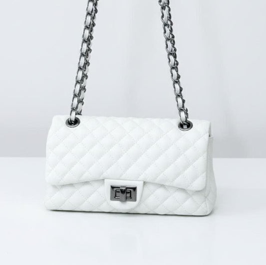 white Brazilian Genuine Leather Bag – Elegant Quilted Crossbody with Timeless Parisian Style