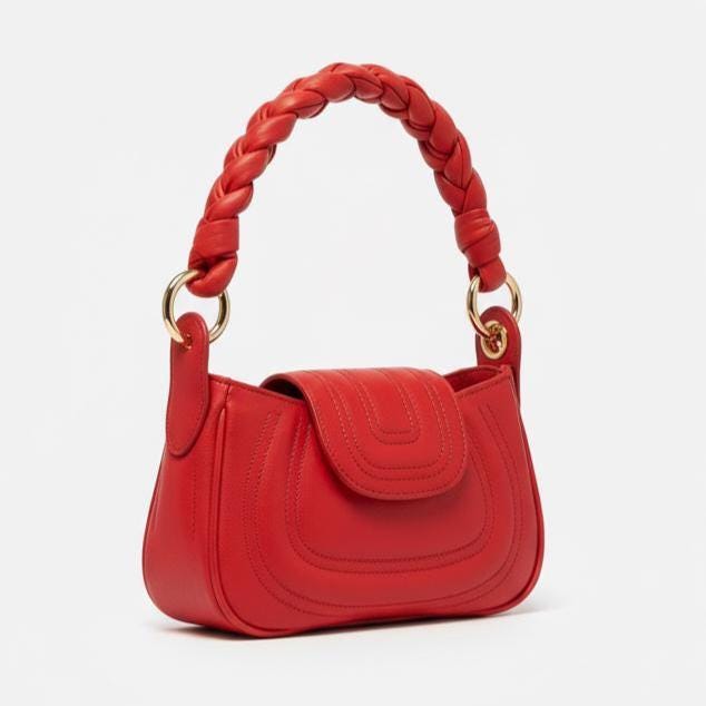 Red Leather Handbag – Soft Genuine Leather Purse, Braided Handle, Everyday Crossbody Bag