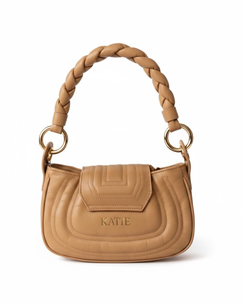 Neutral Nude Leather Handbag – Soft Genuine Leather Purse, Braided Handle, Everyday Crossbody Bag