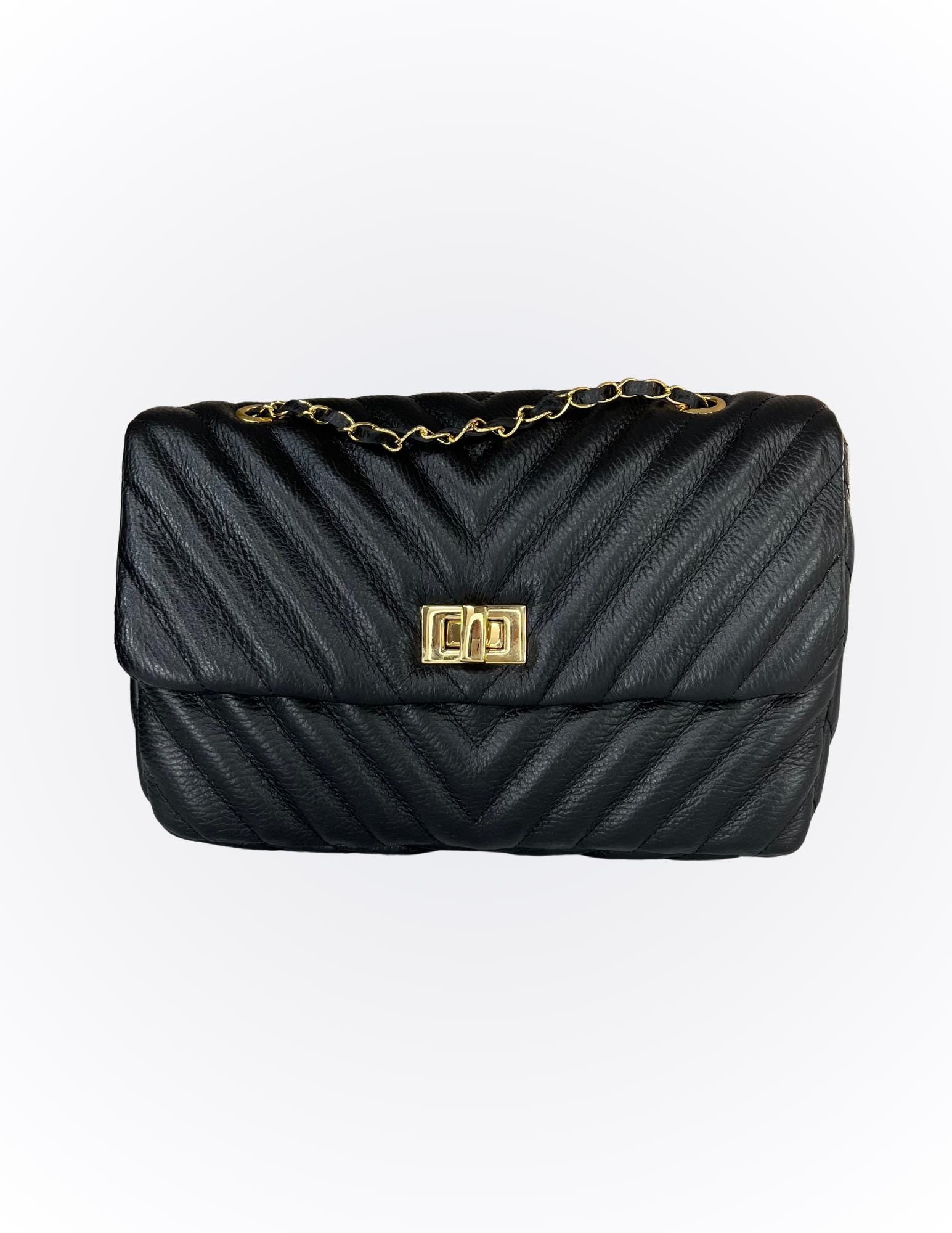 Luxury genuine Brazilian leather hand/shoulder purse Isabel black and gold - Katie Leather