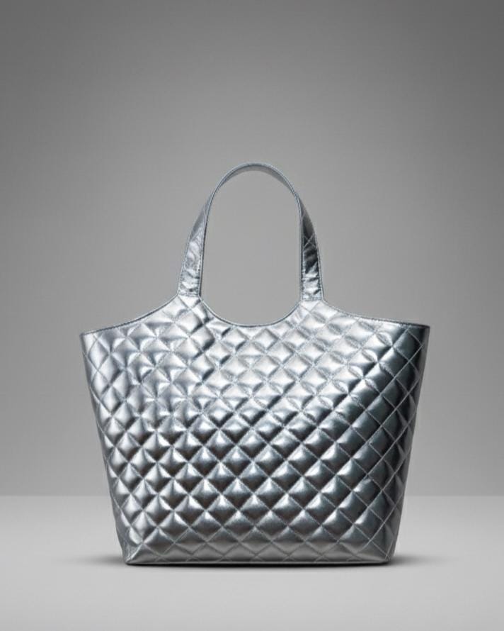 Renata Large Quilted Silver Leather Tote with Removable Pouch