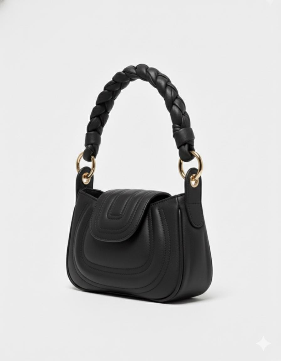 Black Leather Handbag – Soft Genuine Leather Purse, Braided Handle, Everyday Crossbody Bag