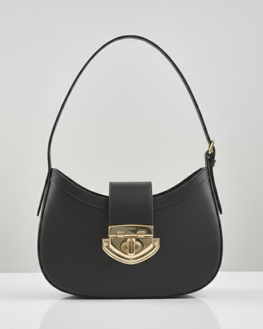 Athena Black Baguette in Genuine Leather | Elegant Structured Shoulder Bag | Luxury Brazilian Leather Purse