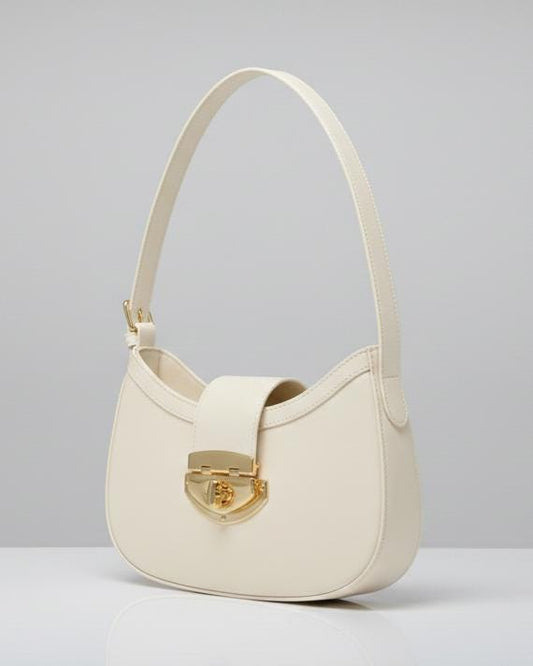 Athena Off-white Baguette in Genuine Leather | Elegant Structured Shoulder Bag | Luxury Brazilian Leather Purse