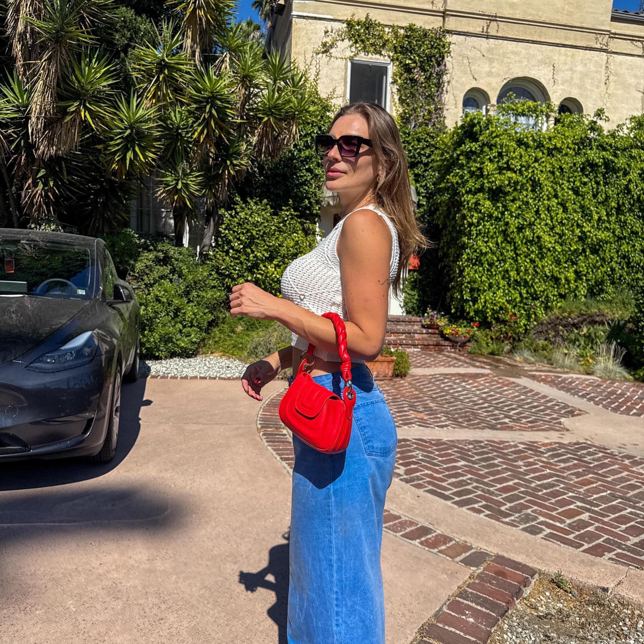 Red Leather Handbag – Soft Genuine Leather Purse, Braided Handle, Everyday Crossbody Bag