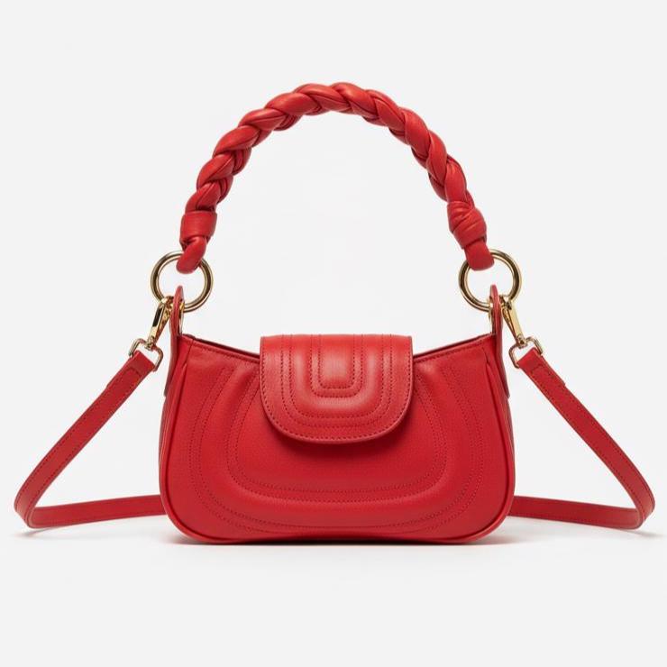 Red Leather Handbag – Soft Genuine Leather Purse, Braided Handle, Everyday Crossbody Bag