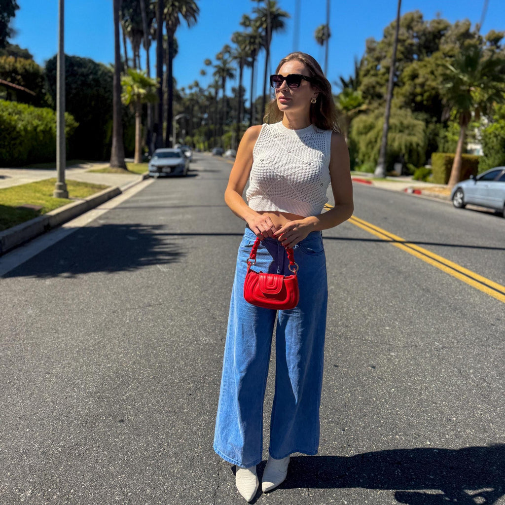 Red Leather Handbag – Soft Genuine Leather Purse, Braided Handle, Everyday Crossbody Bag