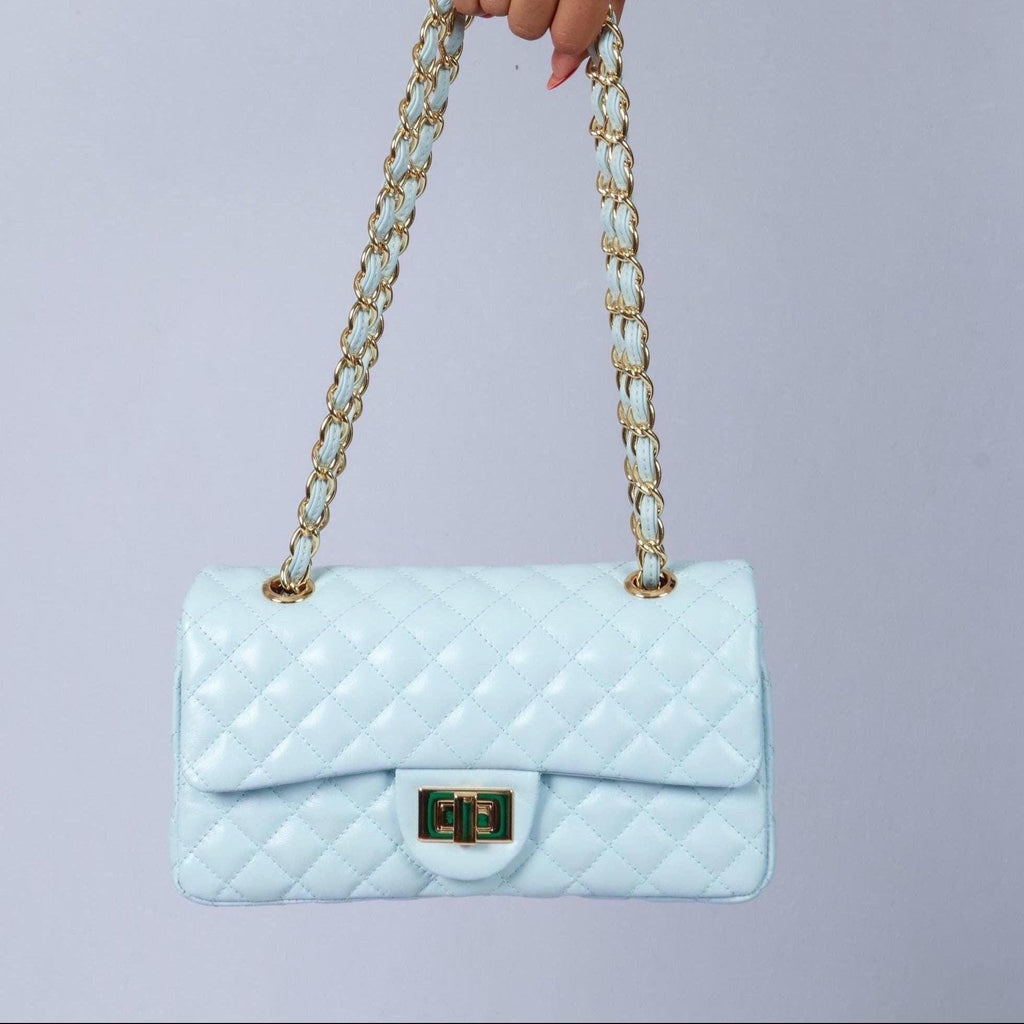 Blue quilted Luxury genuine Brazilian leather hand/shoulder purse Victoria - Katie Leather