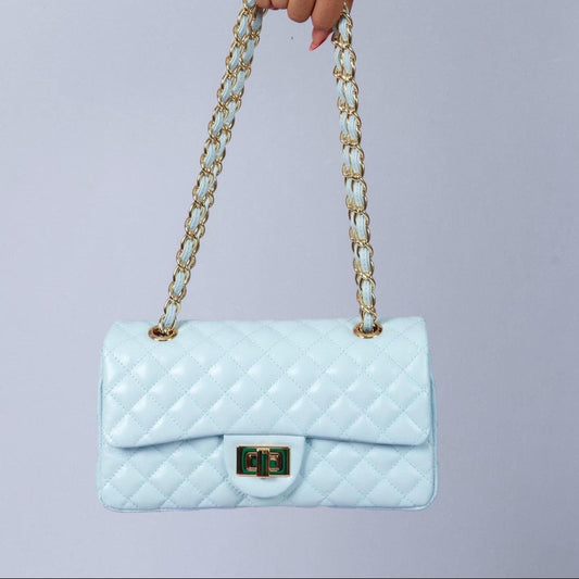 Blue quilted Luxury genuine Brazilian leather hand/shoulder purse Victoria - Katie Leather