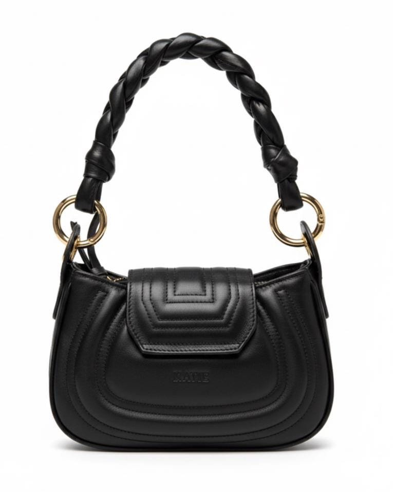 Black Leather Handbag – Soft Genuine Leather Purse, Braided Handle, Everyday Crossbody Bag