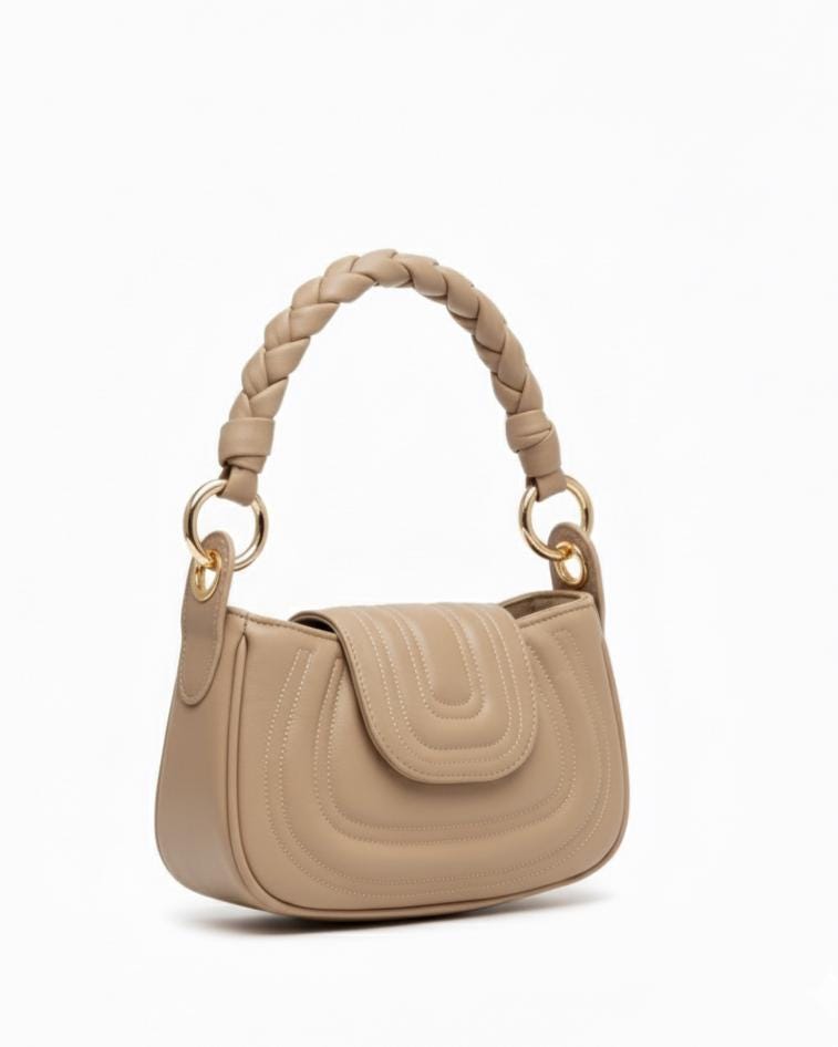 Neutral Nude Leather Handbag – Soft Genuine Leather Purse, Braided Handle, Everyday Crossbody Bag