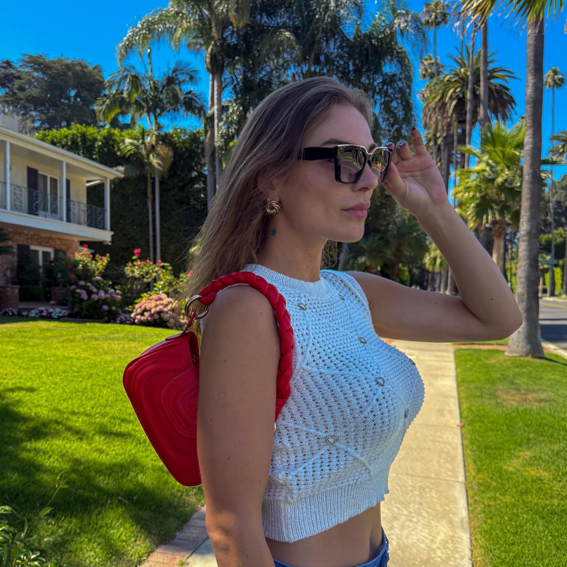 Red Leather Handbag – Soft Genuine Leather Purse, Braided Handle, Everyday Crossbody Bag