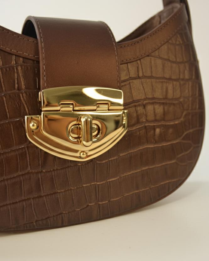 Croco Brown Leather Baguette | Elegant Brazilian Shoulder Bag