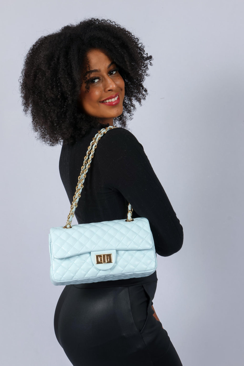 Blue quilted Luxury genuine Brazilian leather hand/shoulder purse Victoria - Katie Leather