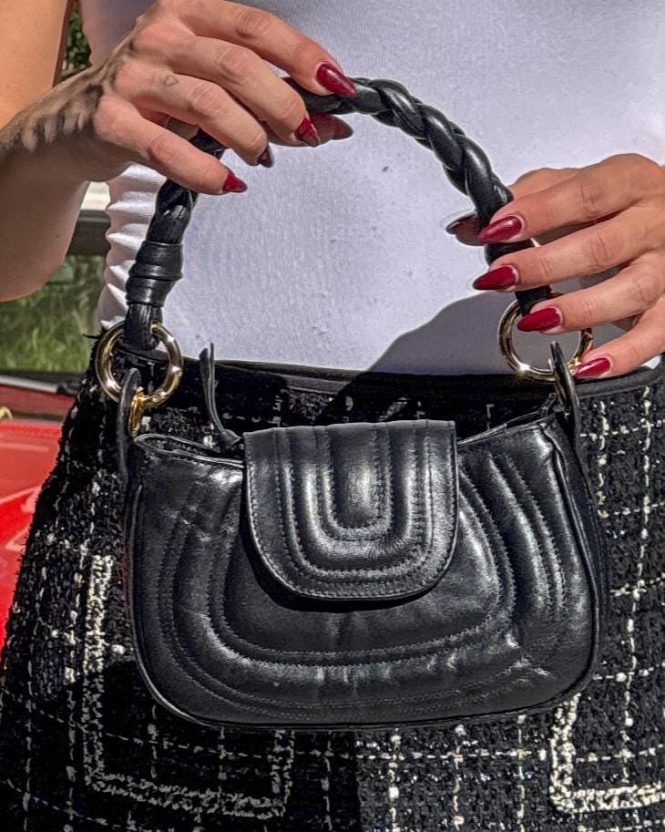 Black Leather Handbag – Soft Genuine Leather Purse, Braided Handle, Everyday Crossbody Bag