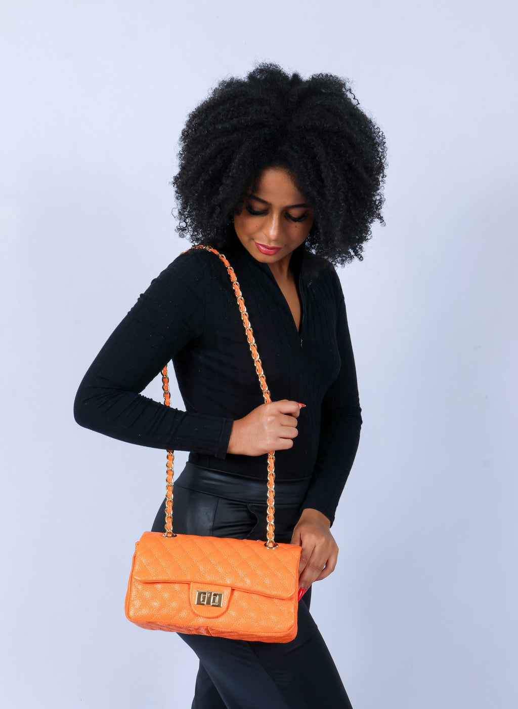 Orange quilted  Luxury genuine Brazilian leather hand/shoulder purse Victoria - Katie Leather