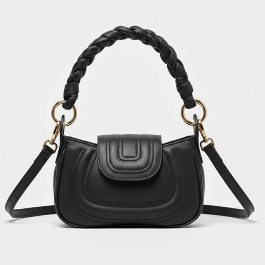 Black Leather Handbag – Soft Genuine Leather Purse, Braided Handle, Everyday Crossbody Bag