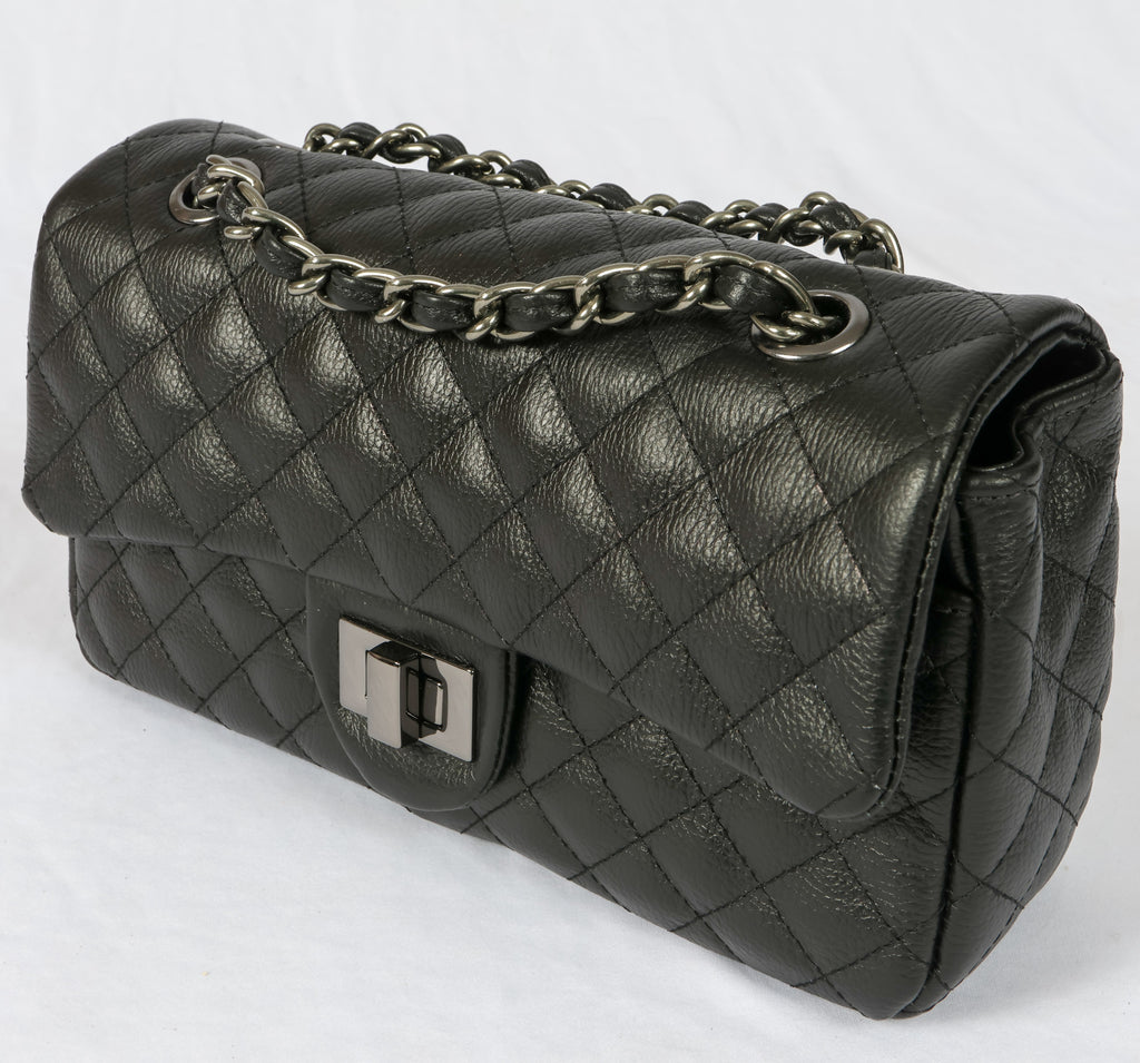 Black Brazilian Genuine Leather Bag – Elegant Quilted Crossbody with Timeless Parisian Style