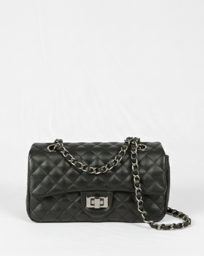 Black Brazilian Genuine Leather Bag – Elegant Quilted Crossbody with gold metal