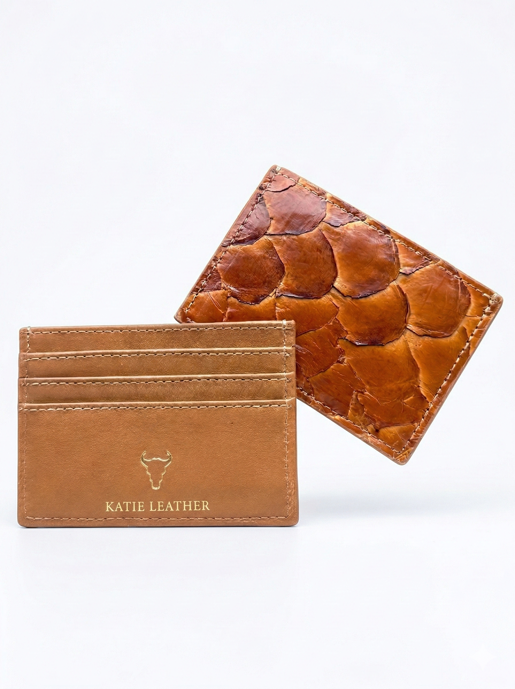 Pirarucu Leather Card Holder - Beige/gold