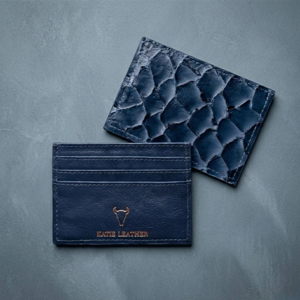 Pirarucu Leather Card Holder - Blue