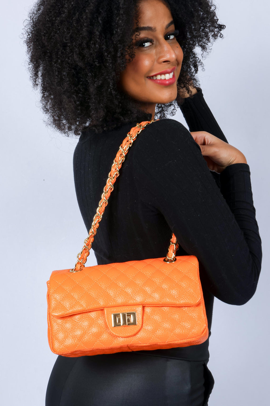 Orange quilted  Luxury genuine Brazilian leather hand/shoulder purse Victoria - Katie Leather