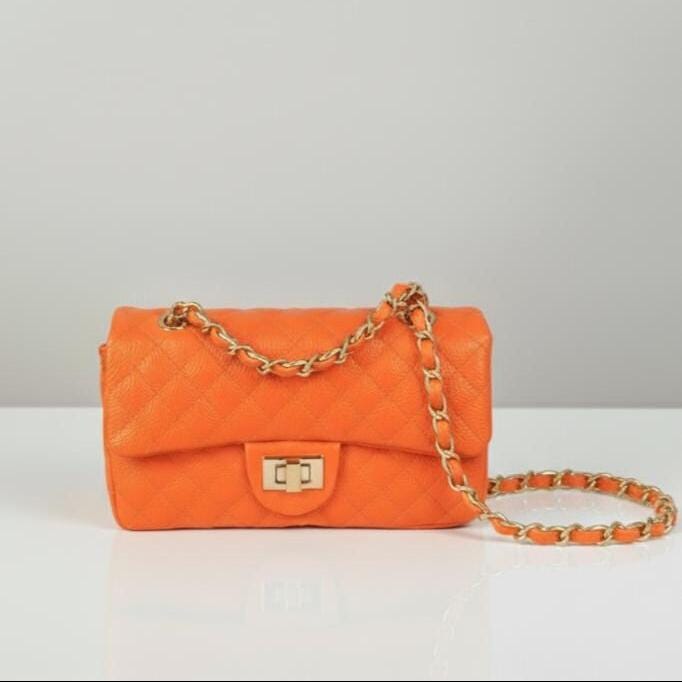 Orange quilted  Luxury genuine Brazilian leather hand/shoulder purse Victoria - Katie Leather