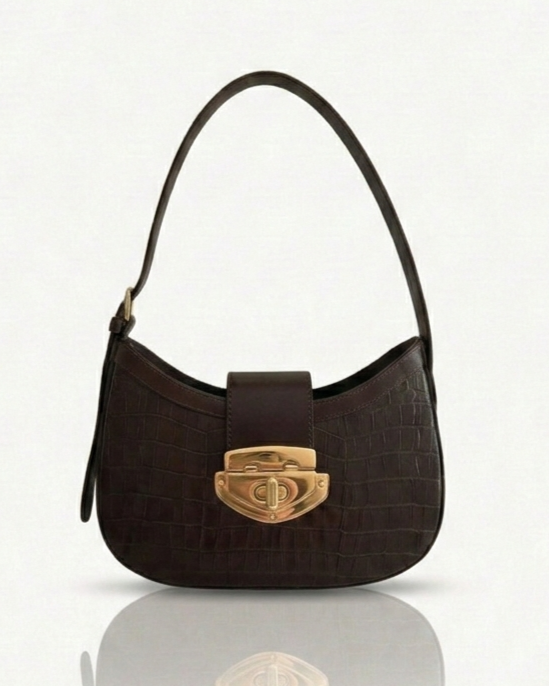 Croco Brown Leather Baguette | Elegant Brazilian Shoulder Bag