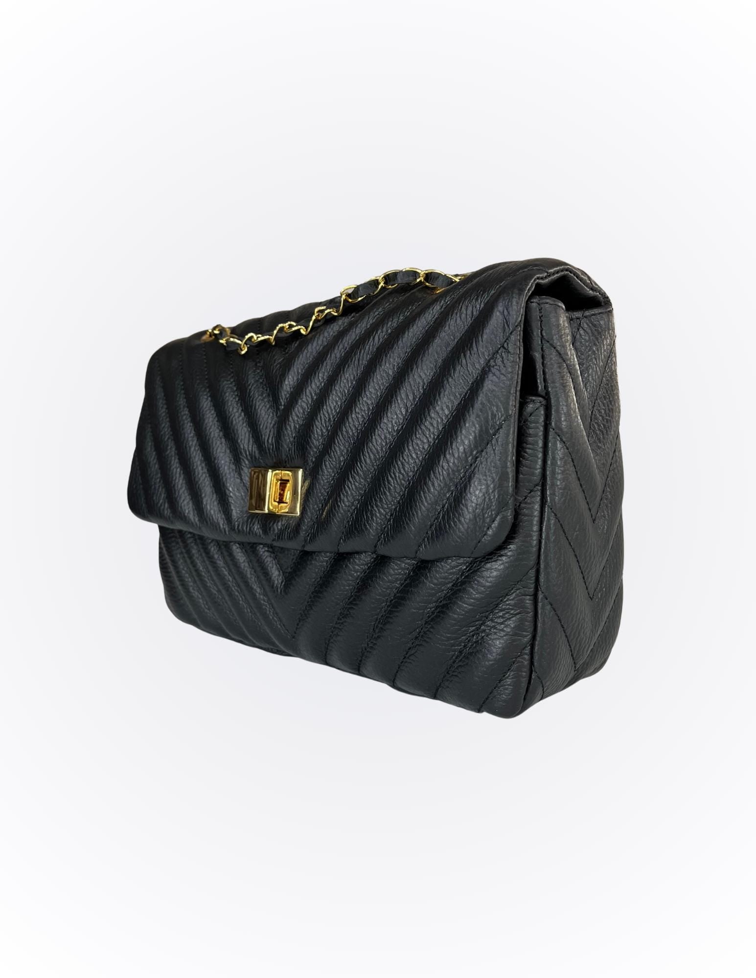 Luxury genuine Brazilian leather hand/shoulder purse Isabel black and gold - Katie Leather