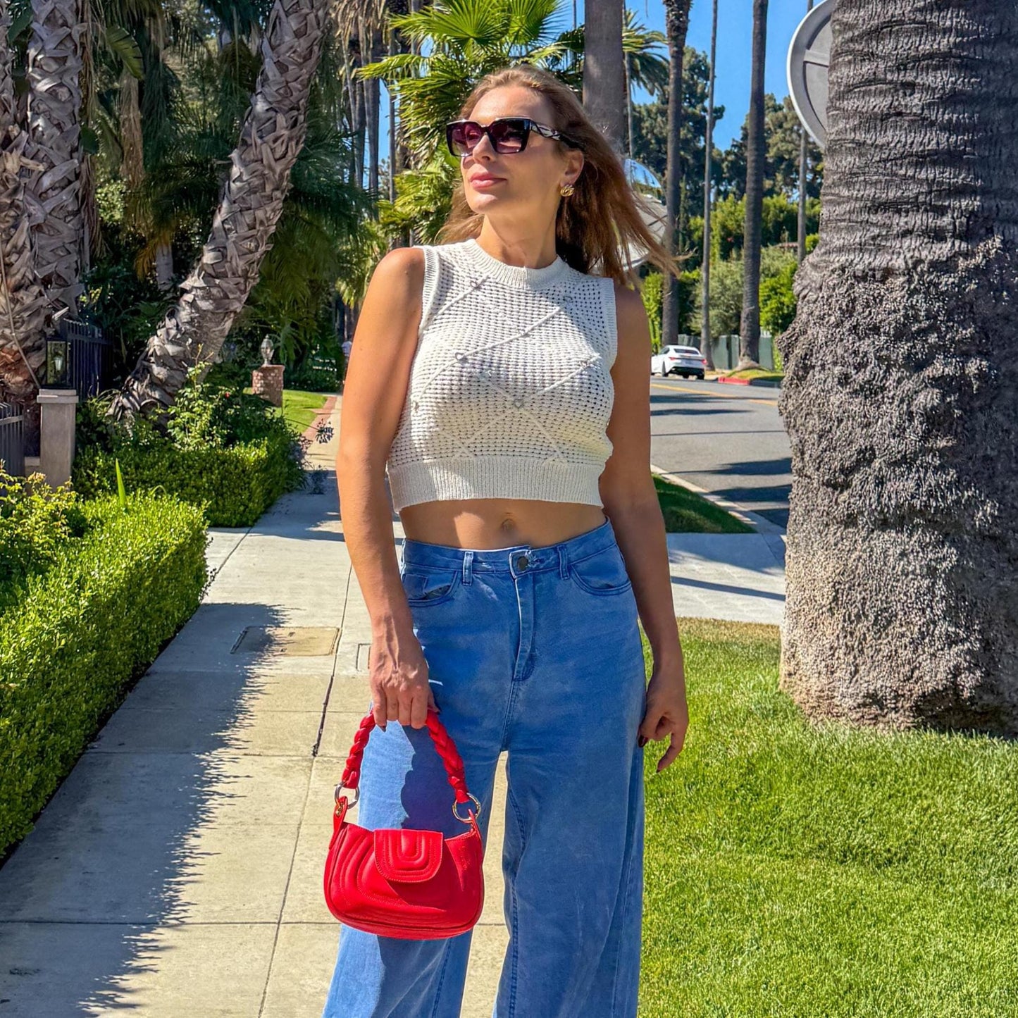 Red Leather Handbag – Soft Genuine Leather Purse, Braided Handle, Everyday Crossbody Bag