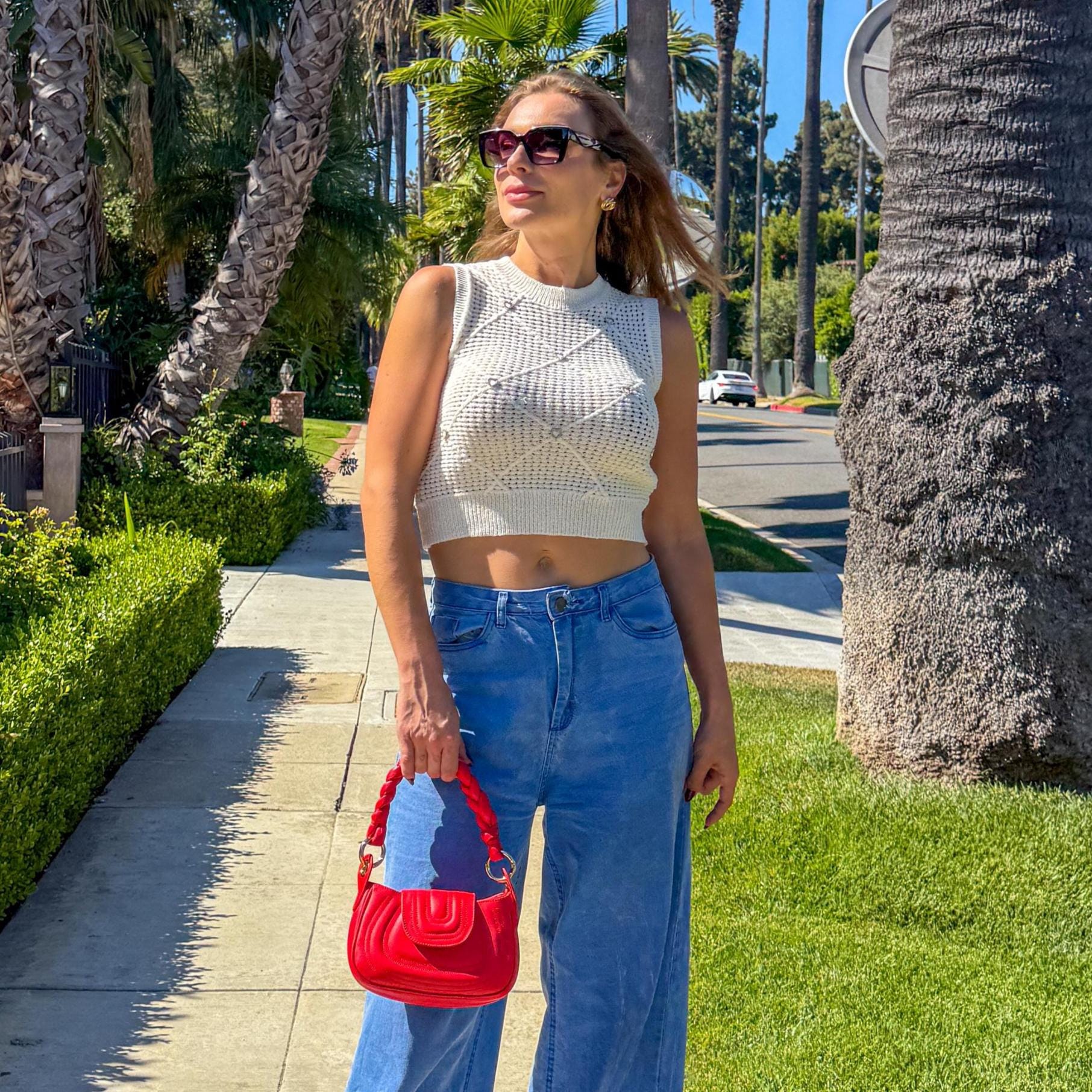 Red Leather Handbag – Soft Genuine Leather Purse, Braided Handle, Everyday Crossbody Bag