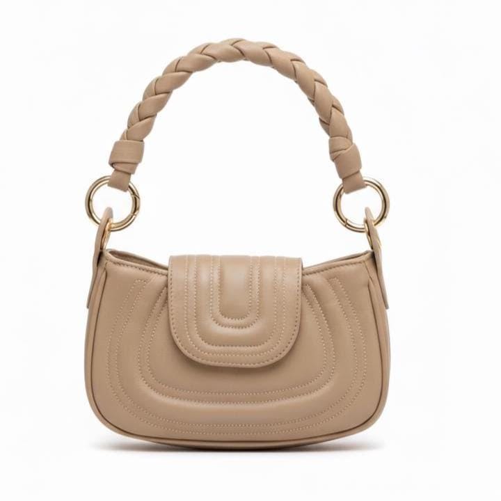 Neutral Nude Leather Handbag – Soft Genuine Leather Purse, Braided Handle, Everyday Crossbody Bag