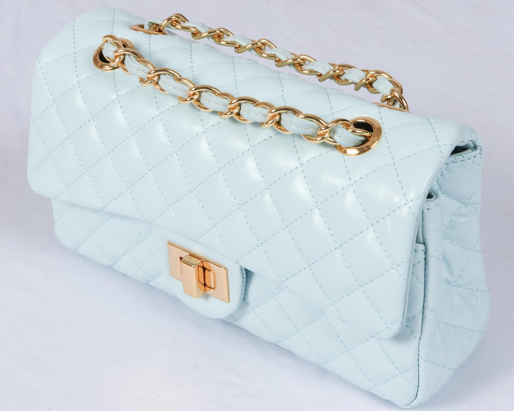 Blue quilted Luxury genuine Brazilian leather hand/shoulder purse Victoria - Katie Leather