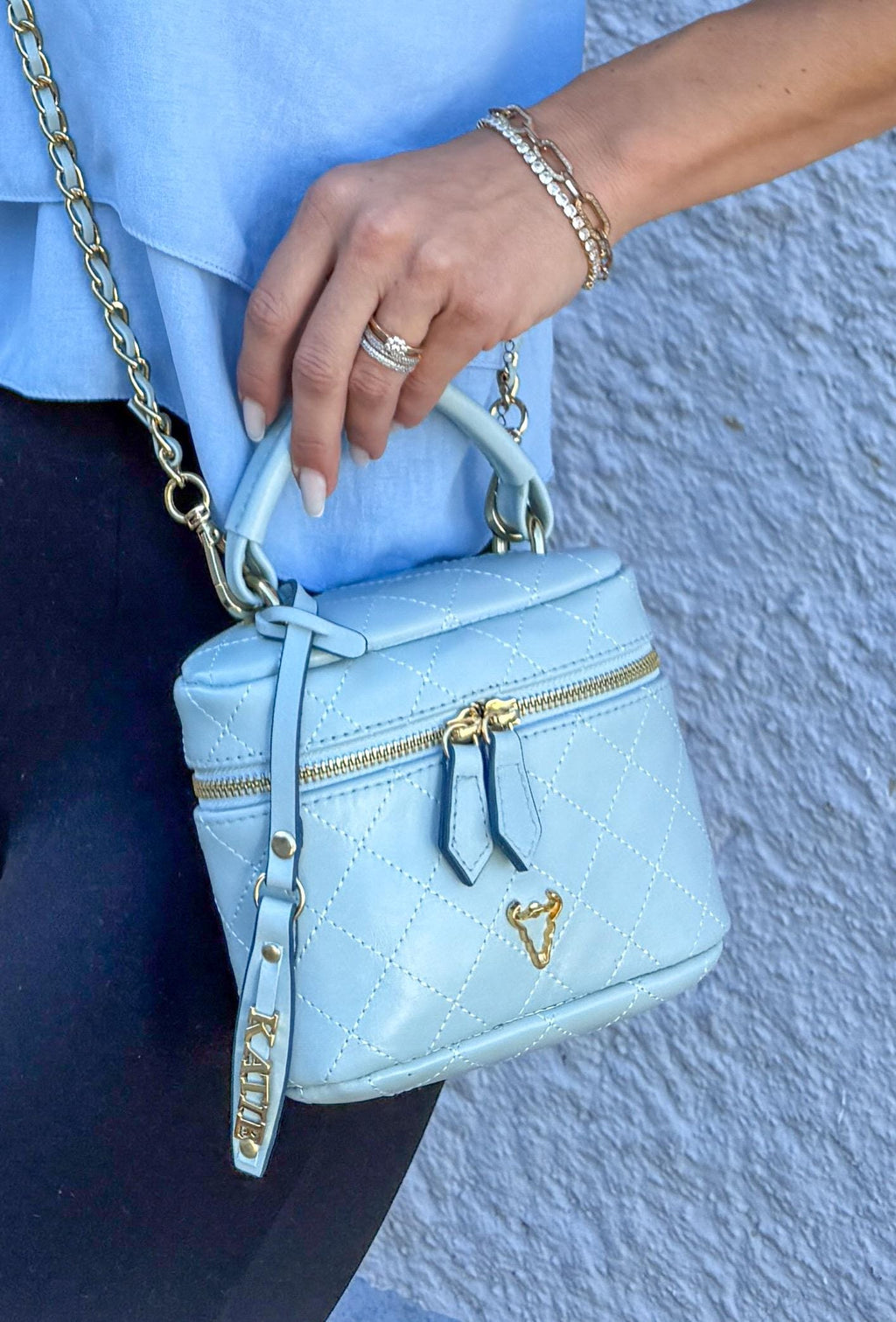blue Matelassé Quilted Leather Handbag | Classic Structured Bag | Elegant Chain Strap Purse