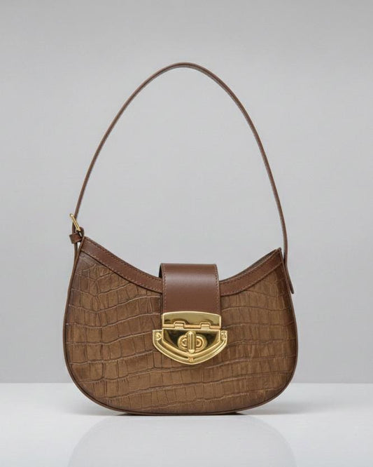 Croco Brown Leather Baguette | Elegant Brazilian Shoulder Bag