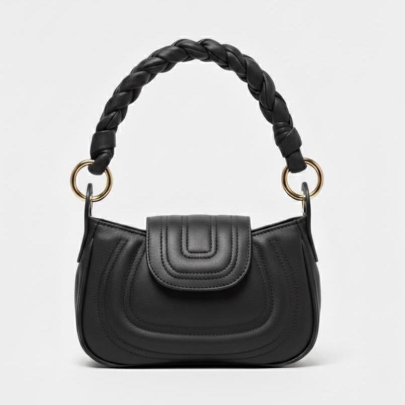 Black Leather Handbag – Soft Genuine Leather Purse, Braided Handle, Everyday Crossbody Bag