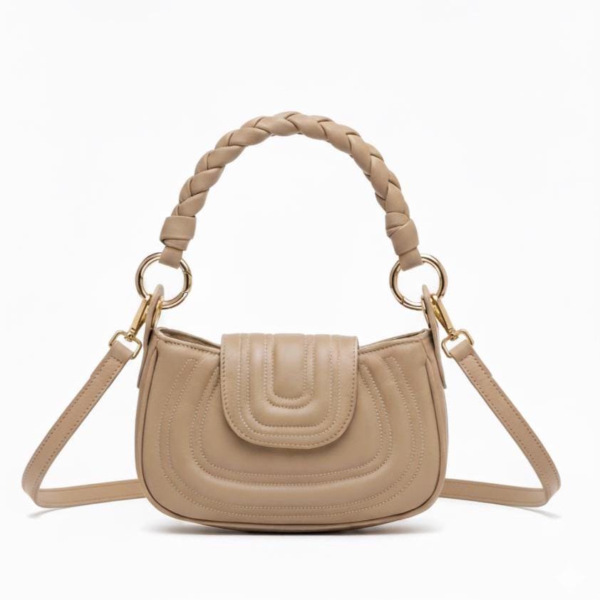 Neutral Nude Leather Handbag – Soft Genuine Leather Purse, Braided Handle, Everyday Crossbody Bag
