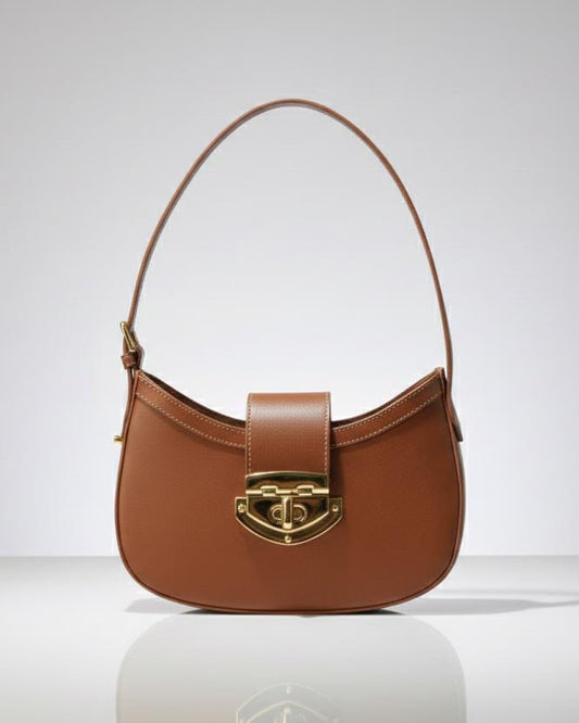 Athena Caramel Baguette in Genuine Leather | Elegant Structured Shoulder Bag | Luxury Brazilian Leather Purse