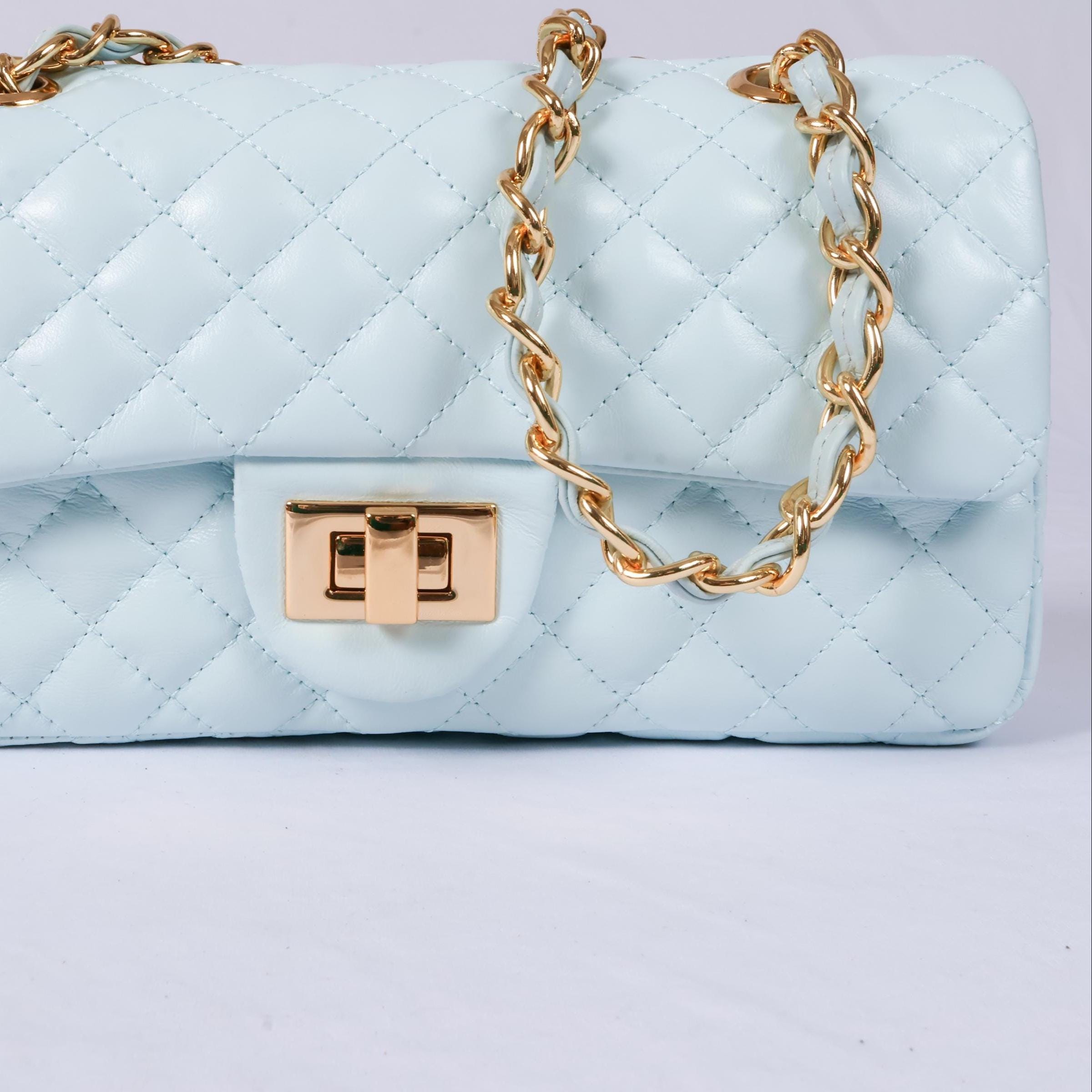 Blue quilted Luxury genuine Brazilian leather hand/shoulder purse Victoria - Katie Leather